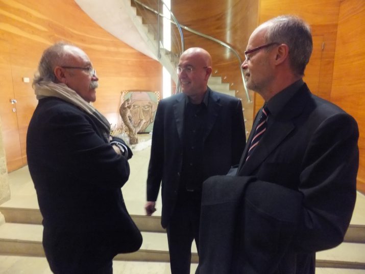 Josep Lluís Carod-Rovira, Joan Manuel Tresserras i Antoni Castells, a la seu del Departament de Cultura a Tarragona, abans de la presentació del llibre '2014'