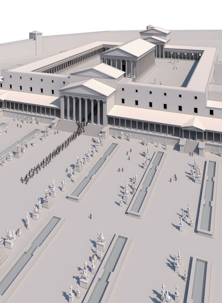 Restitució infogràfica en 3D del Temple d'August (al fons) i la plaça de representació del Fòrum de la Província, publicada al cinquè fascicle del col·leccionable.