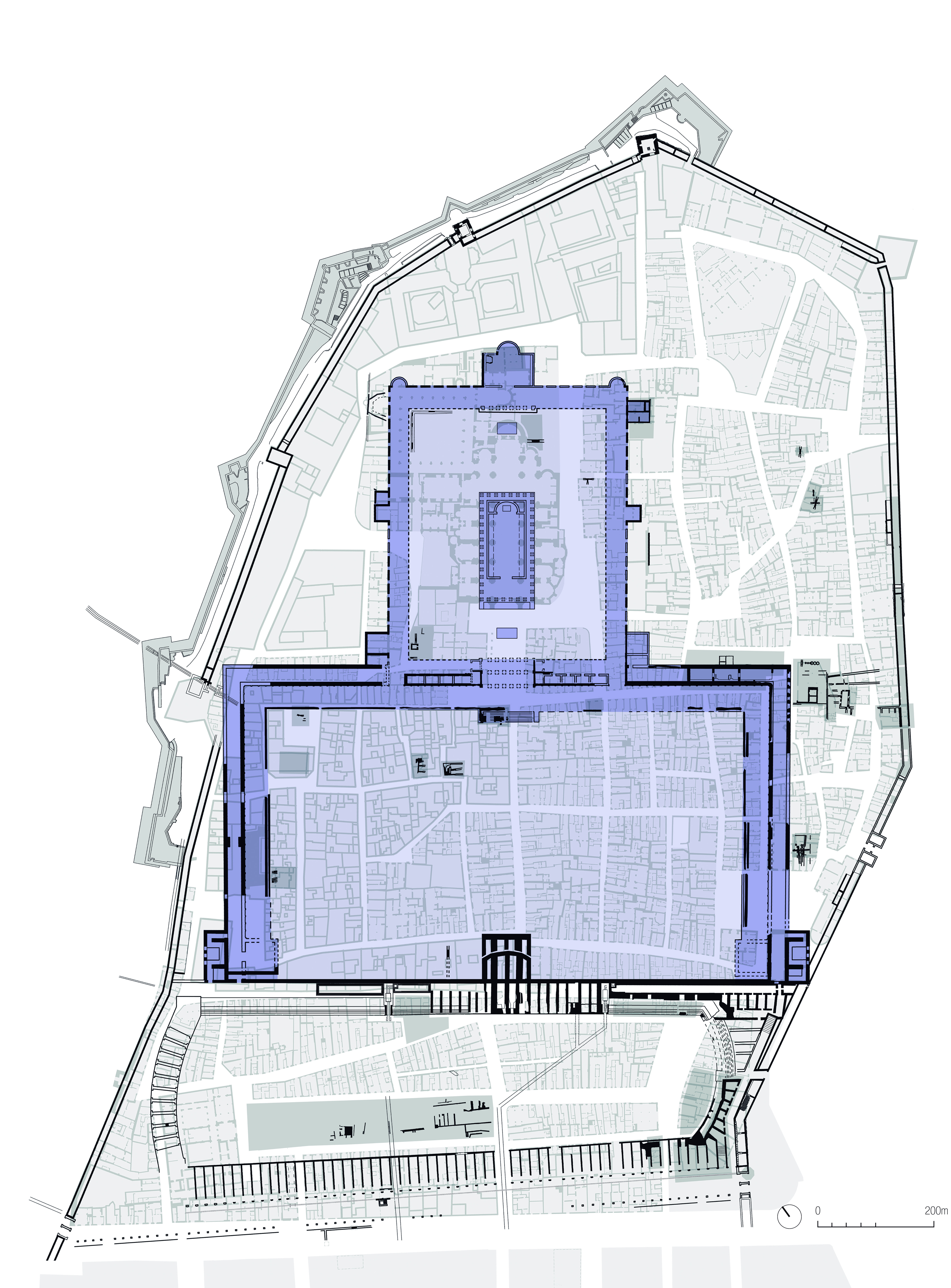 Plànol que indica, damunt de la Part Alta actual, l'espai que ocupava el temple d'August (primera terrassa) i la Plaça de Representació (segona terrasa). A sota es pot veure també el circ (Institut Cartrogràfic de Catalunya).