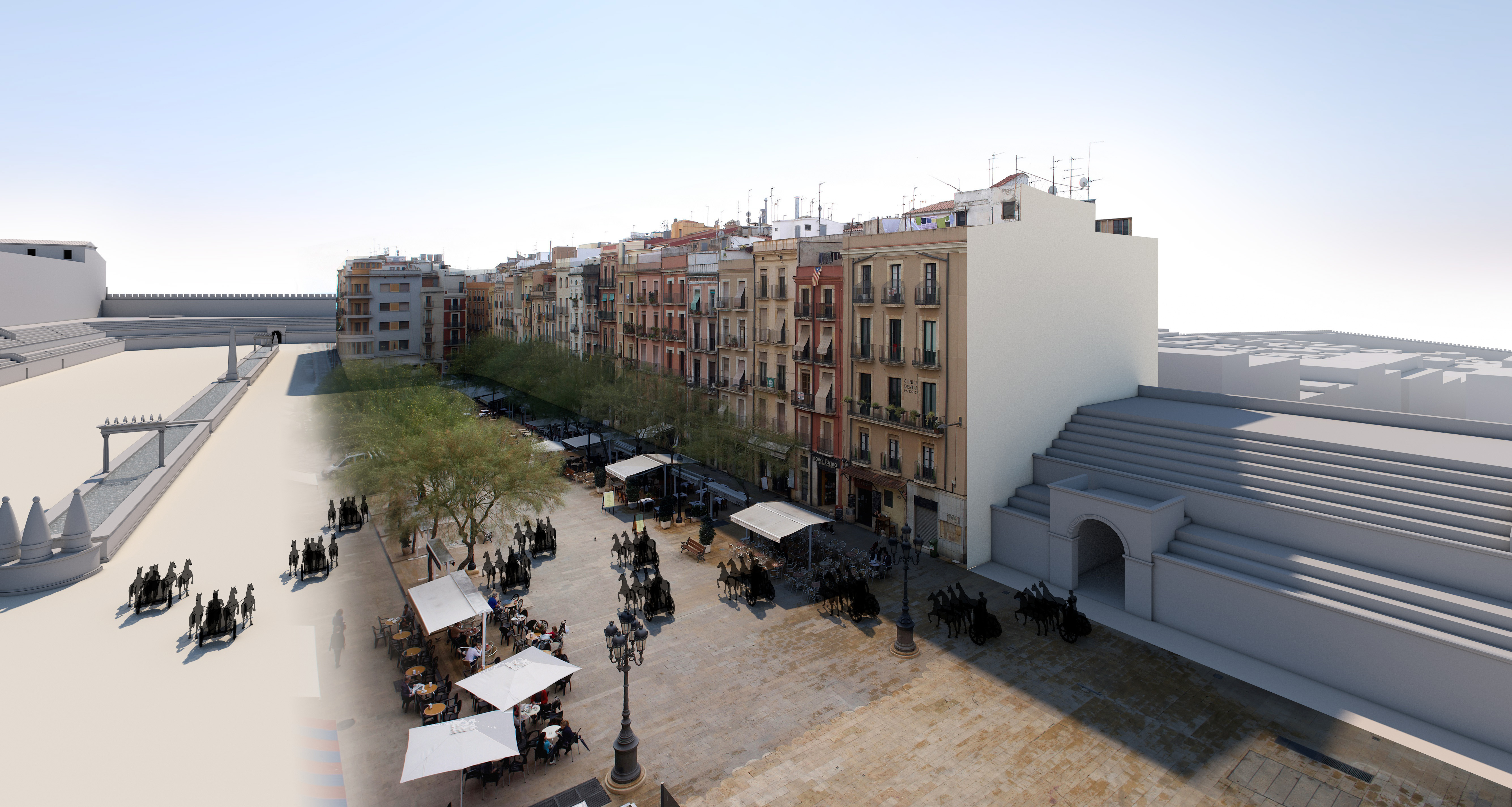 Reconstrucció virtual de les restes del circ i d'una cursa de carros al damunt de l'actual Plaça de la Font de Tarragona (Fotografia: Pepo Segura. Restitució i fotomuntatge: Ferran Gris / SETOPANT)