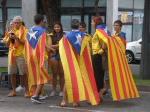 Joves participants a la Via Catalana, guarnits amb l'estelada