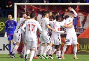 Marcos va celebrar el gol amb el gest del porró i un xerrac símbols de la Fusteria. Foto: La Liga